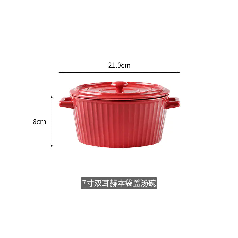 Nordic Double-Handle Ceramic Soup Salad Bowl with Lid