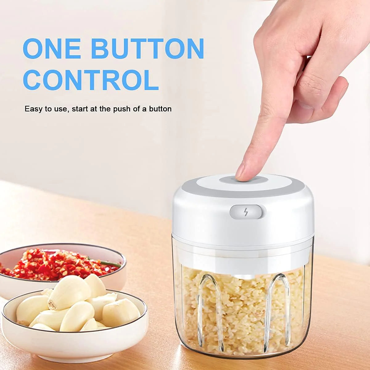 Electric 300ML Garlic Press Chopper Chili Onion Fruits Meat Mincer Blender Mixer - Lunqara 