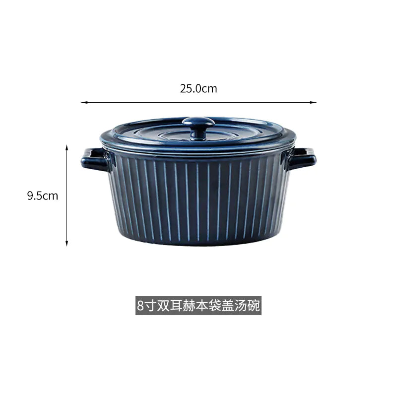 Nordic Double-Handle Ceramic Soup Salad Bowl with Lid