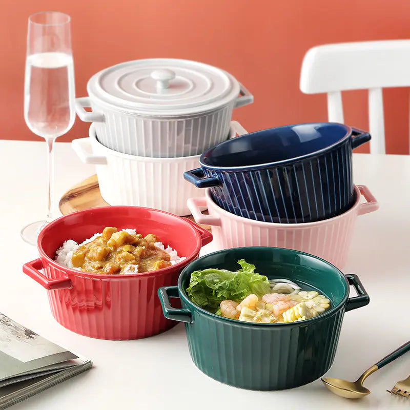 Nordic Double-Handle Ceramic Soup Salad Bowl with Lid