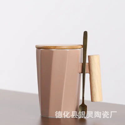 Customizable Ceramic Milk Mug with Wooden Handle - Lunqara