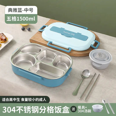 304 Stainless Steel Sealed Bento Box with Five Compartments - Lunqara 