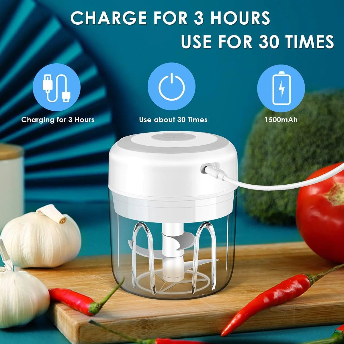 Electric 300ML Garlic Press Chopper Chili Onion Fruits Meat Mincer Blender Mixer - Lunqara 