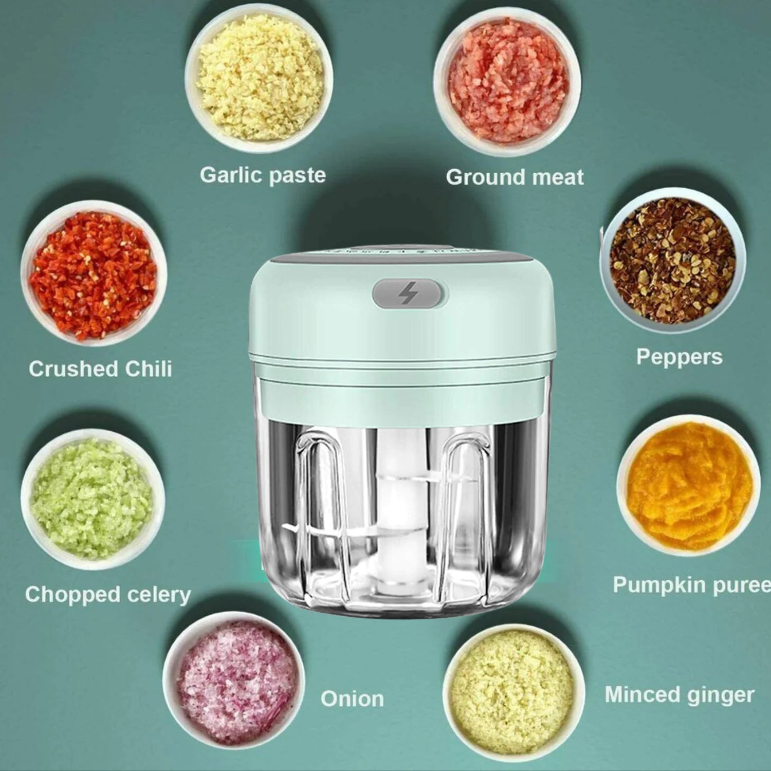 Electric 300ML Garlic Press Chopper Chili Onion Fruits Meat Mincer Blender Mixer - Lunqara 