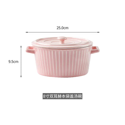 Nordic Double-Handle Ceramic Soup Salad Bowl with Lid