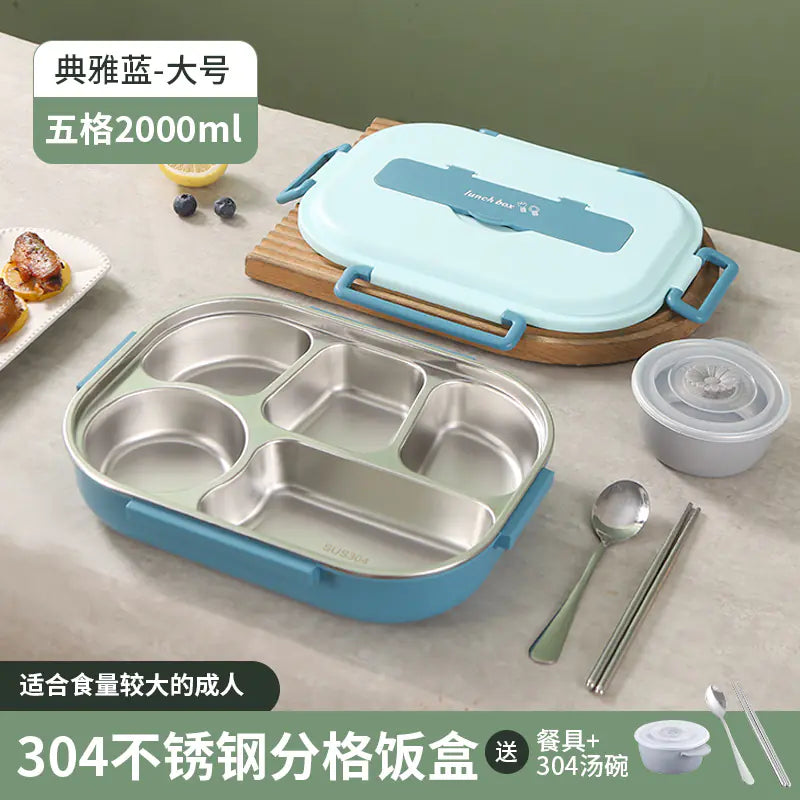 304 Stainless Steel Sealed Bento Box with Five Compartments - Lunqara 