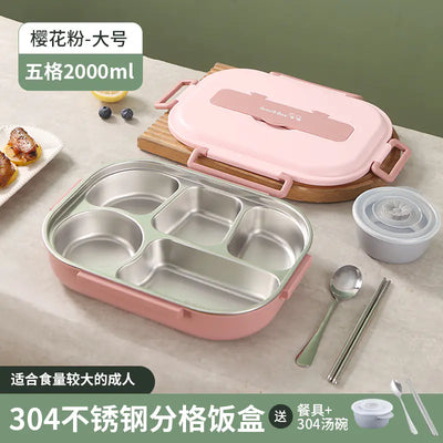 304 Stainless Steel Sealed Bento Box with Five Compartments - Lunqara 