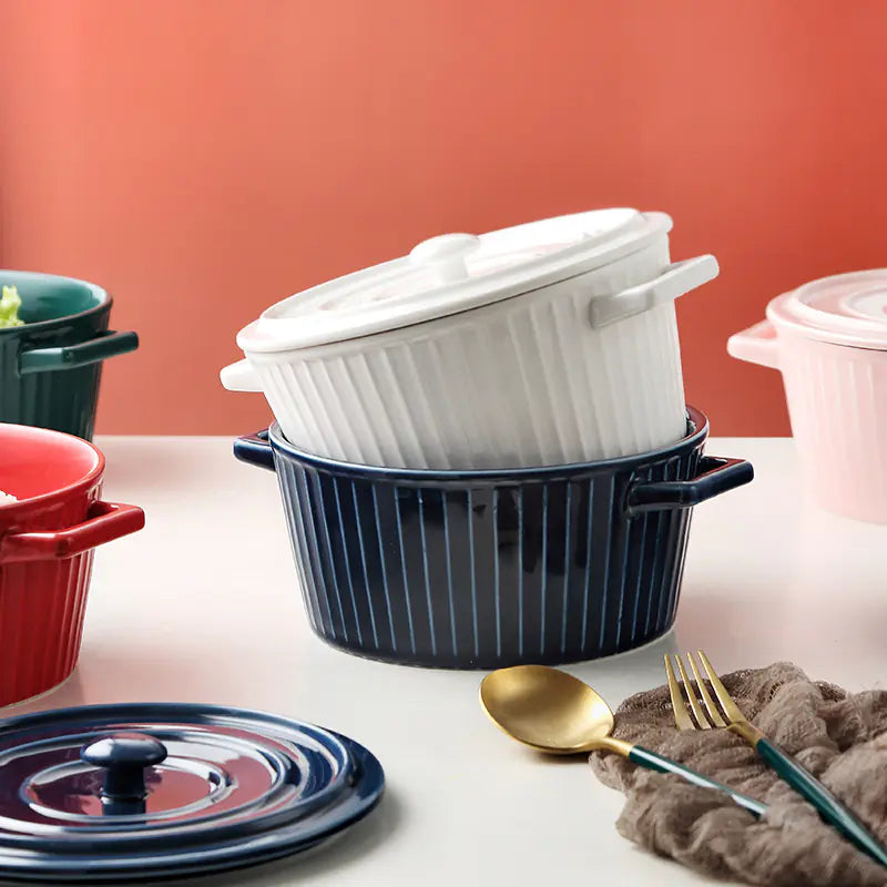 Nordic Double-Handle Ceramic Soup Salad Bowl with Lid