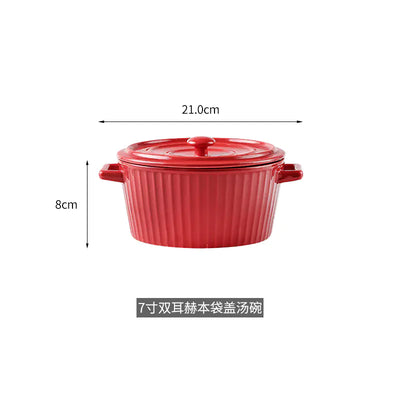 Nordic Double-Handle Ceramic Soup Salad Bowl with Lid