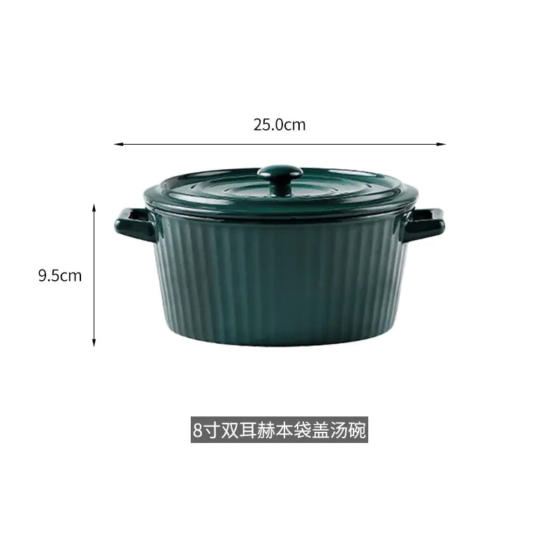 Nordic Double-Handle Ceramic Soup Salad Bowl with Lid