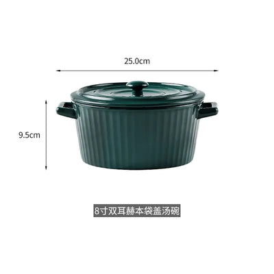 Nordic Double-Handle Ceramic Soup Salad Bowl with Lid