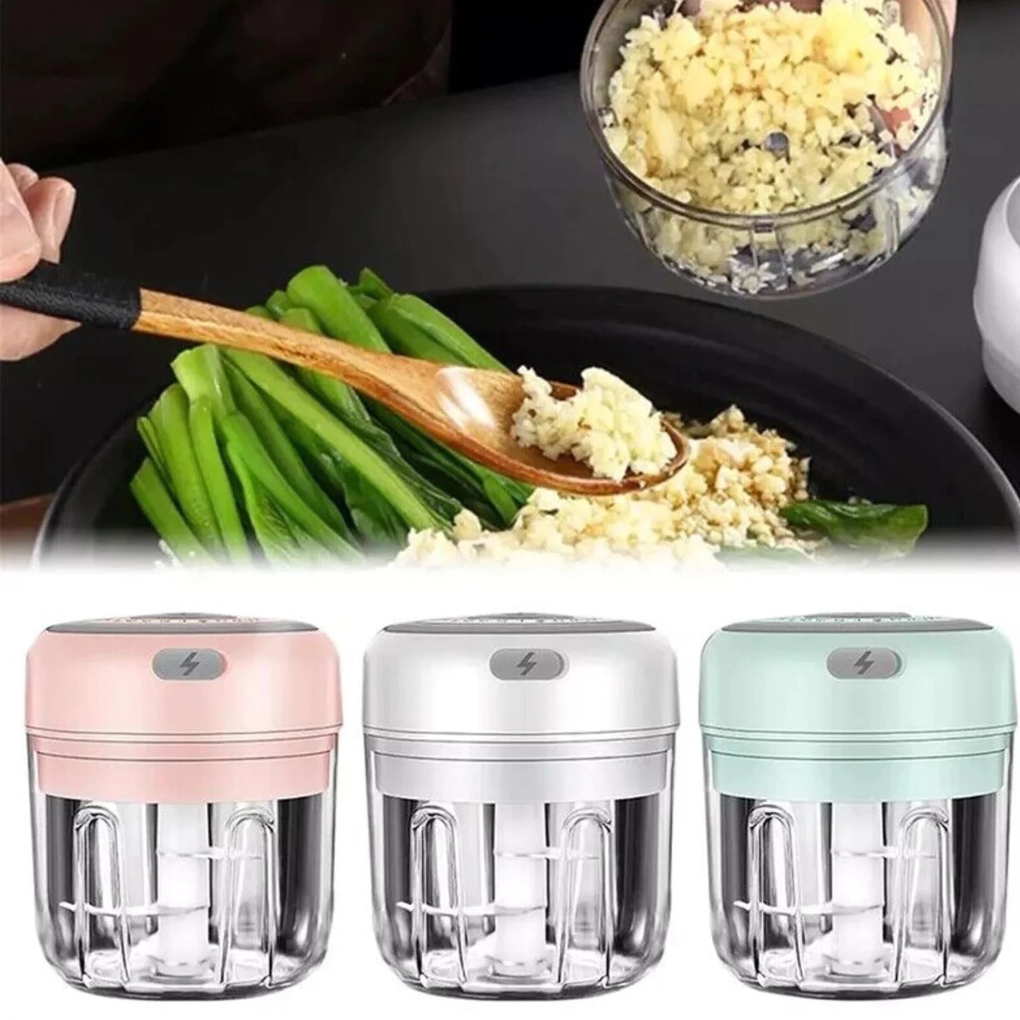 Electric 300ML Garlic Press Chopper Chili Onion Fruits Meat Mincer Blender Mixer - Lunqara 