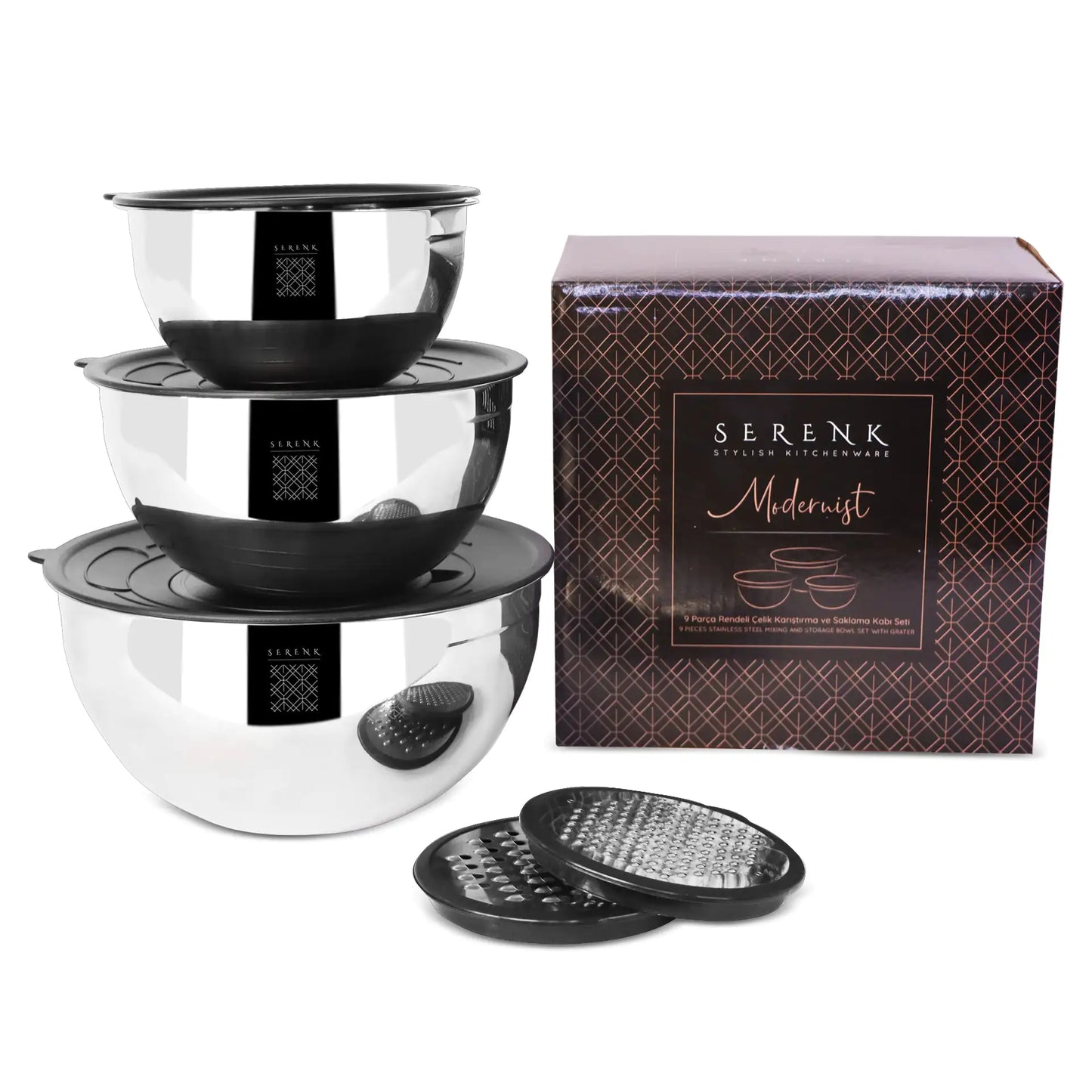 Lunqara Modernist 9 Pieces Stainless Steel Mixing and Storage Bowl Set with Grater