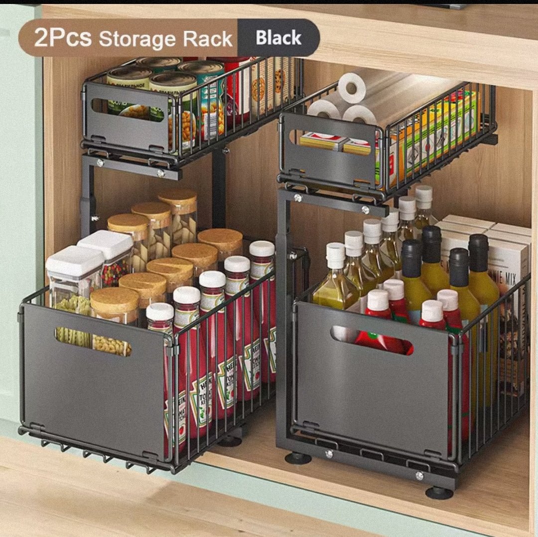 2 Tier Pull Out Cabinet Organizer Adjustable Kitchen Storage Rack Under Sink Organizer Spice Jar Storage Rack Slide Out Drawer - Lunqara