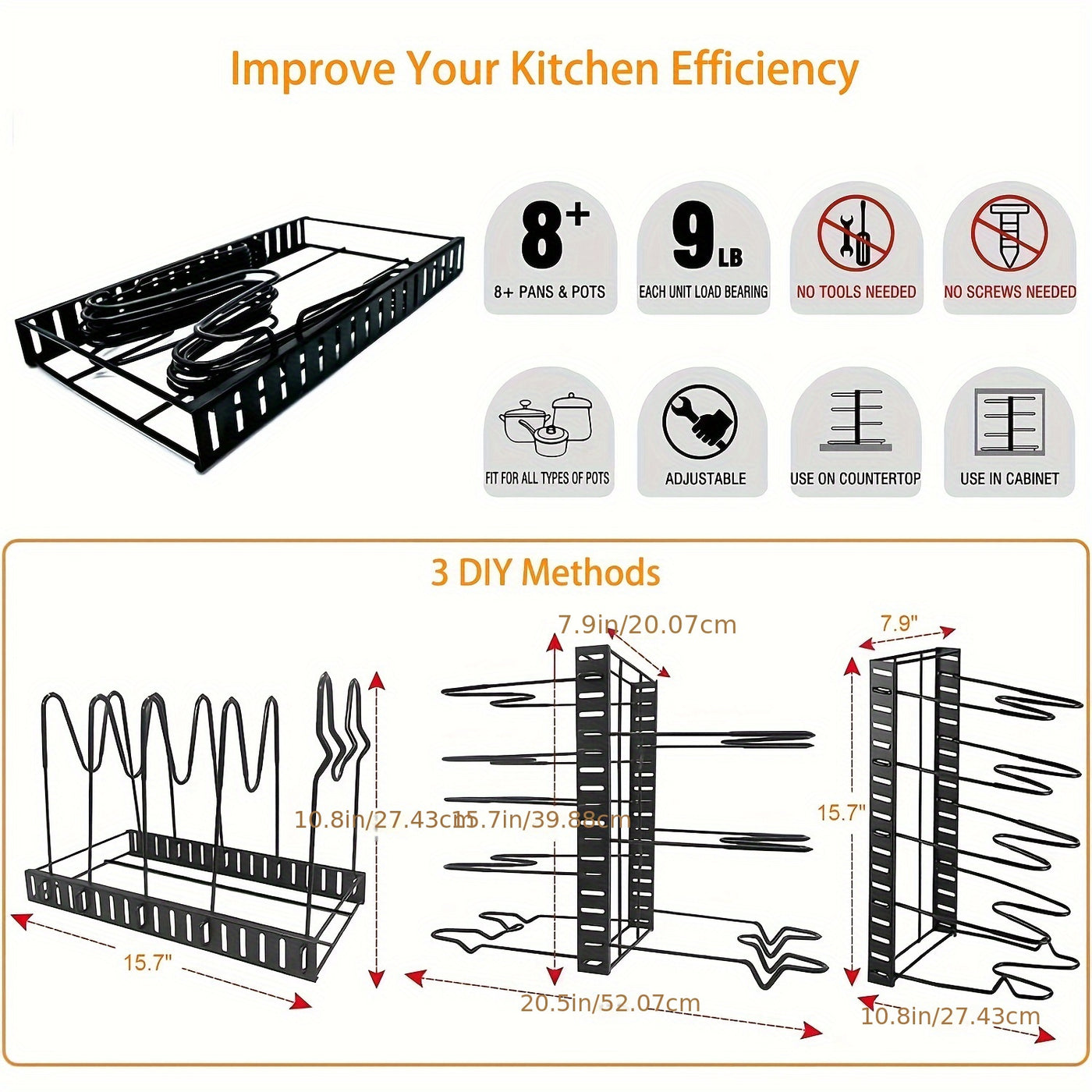 8 - Tier Duty Pot Rack Organizer Durable Metal,Space - saving Cabinet Holder for Pots,Pans and lids - Keep Your Kitchen Neat and Tidy - Lunqara