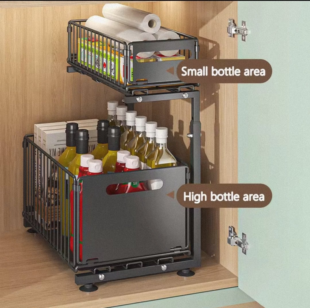 2 Tier Pull Out Cabinet Organizer Adjustable Kitchen Storage Rack Under Sink Organizer Spice Jar Storage Rack Slide Out Drawer - Lunqara