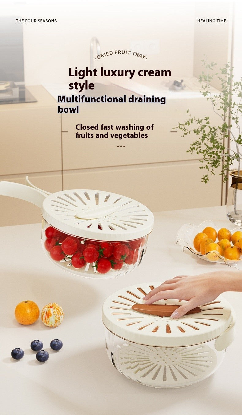 Fruit Drain Basket With Lid Vegetable Washing Bowl Foldable Handle Cleaning Colander Plastic Refrigerator Crisper Kitchen Box