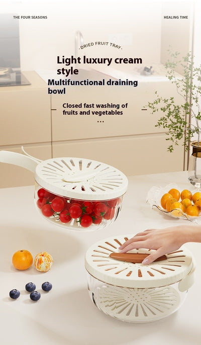 Fruit Drain Basket With Lid Vegetable Washing Bowl Foldable Handle Cleaning Colander Plastic Refrigerator Crisper Kitchen Box