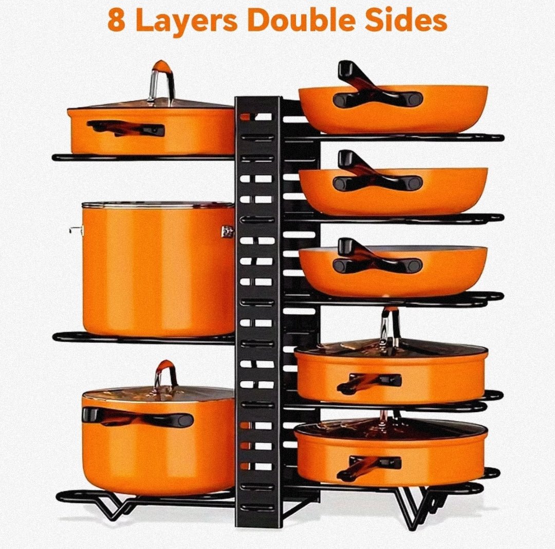 8 - Tier Duty Pot Rack Organizer Durable Metal,Space - saving Cabinet Holder for Pots,Pans and lids - Keep Your Kitchen Neat and Tidy - Lunqara