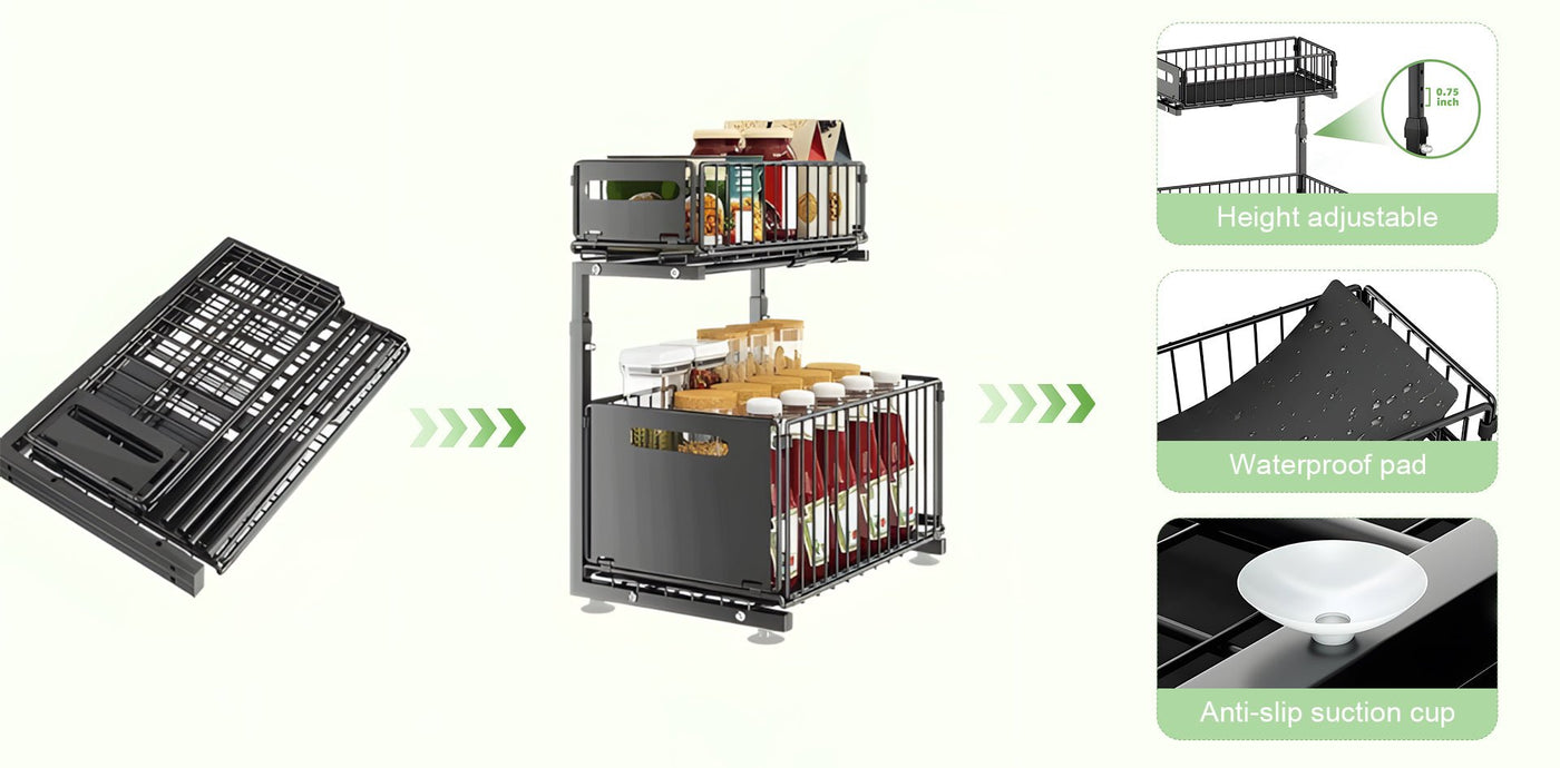 2 Tier Pull Out Cabinet Organizer Adjustable Kitchen Storage Rack Under Sink Organizer Spice Jar Storage Rack Slide Out Drawer - Lunqara