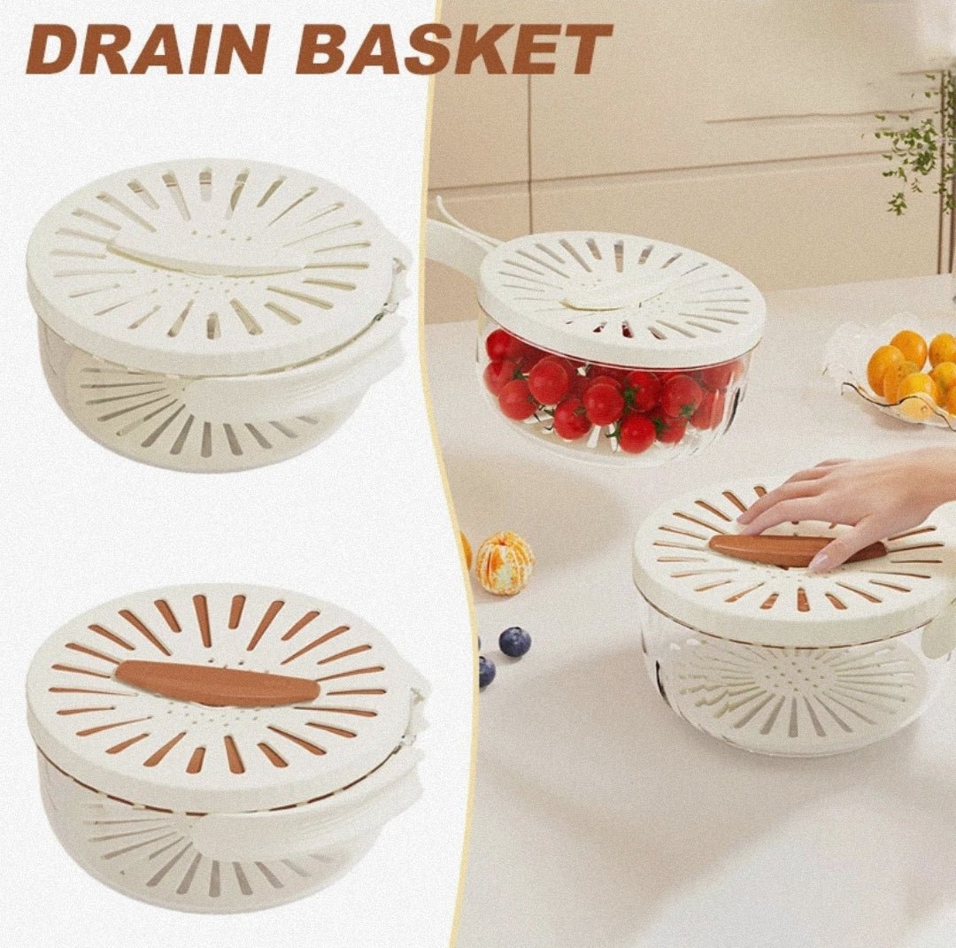 Fruit Drain Basket With Lid Vegetable Washing Bowl Foldable Handle Cleaning Colander Plastic Refrigerator Crisper Kitchen Box - Lunqara