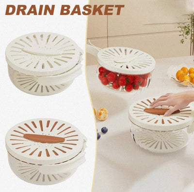 Fruit Drain Basket With Lid Vegetable Washing Bowl Foldable Handle Cleaning Colander Plastic Refrigerator Crisper Kitchen Box - Lunqara