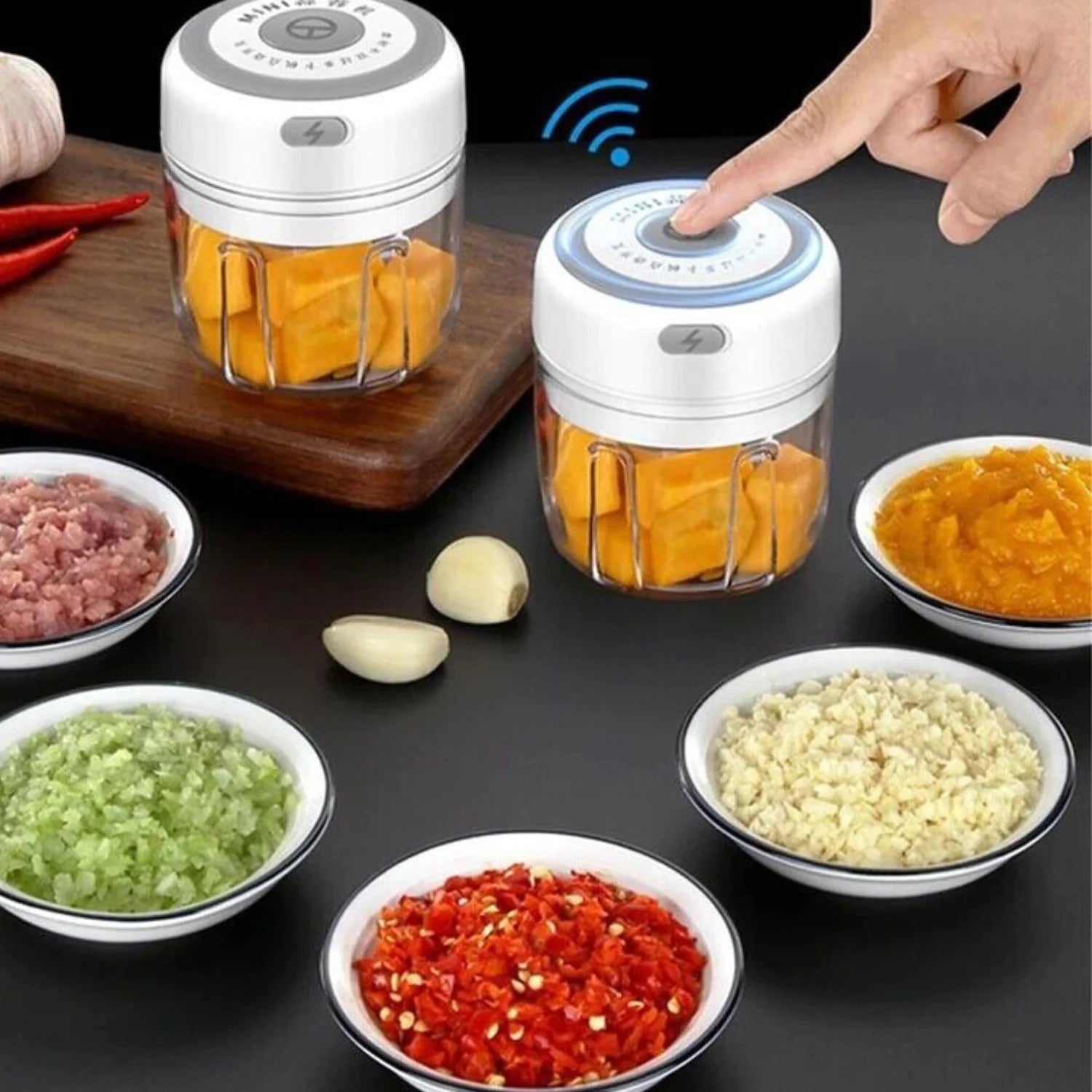 Electric 300ML Garlic Press Chopper Chili Onion Fruits Meat Mincer Blender Mixer - Lunqara 